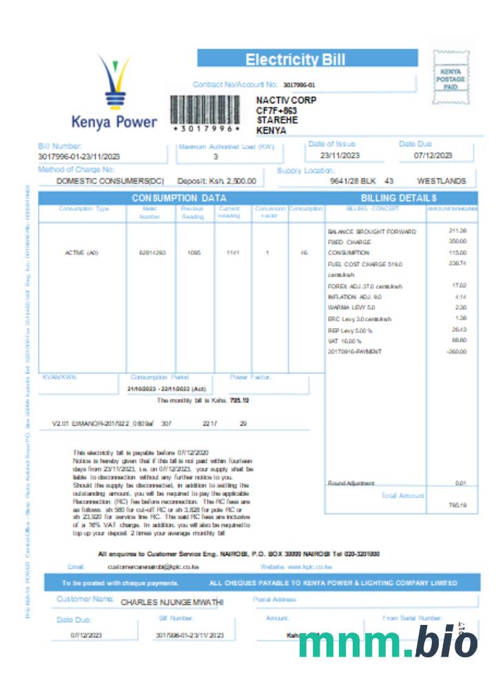 Kenya Power rachunek za usługi komunalne